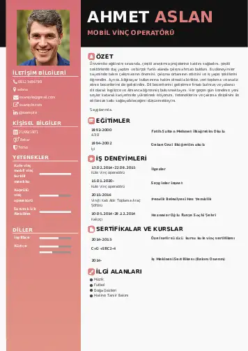 Vinç Operatörü Cv Örnekleri cv indir